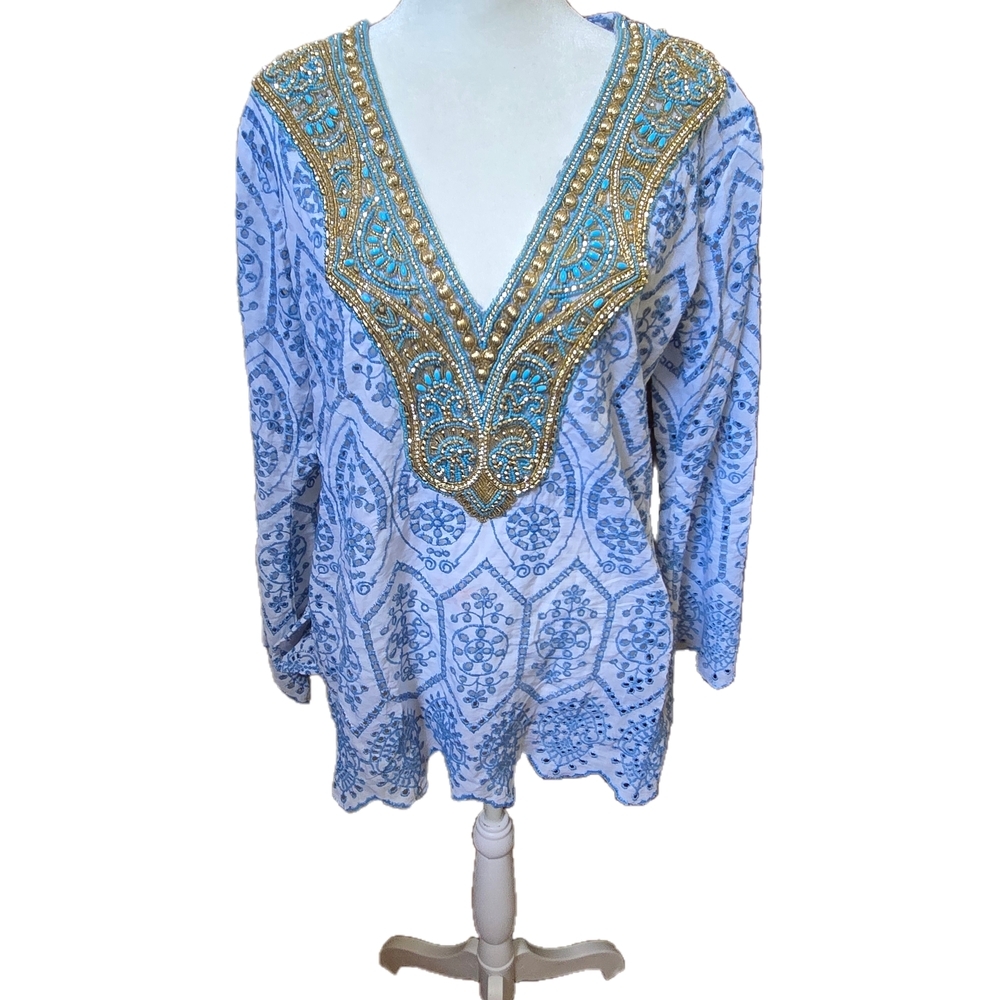 Boston Proper Blue and Gold Embellished Swim Coverup